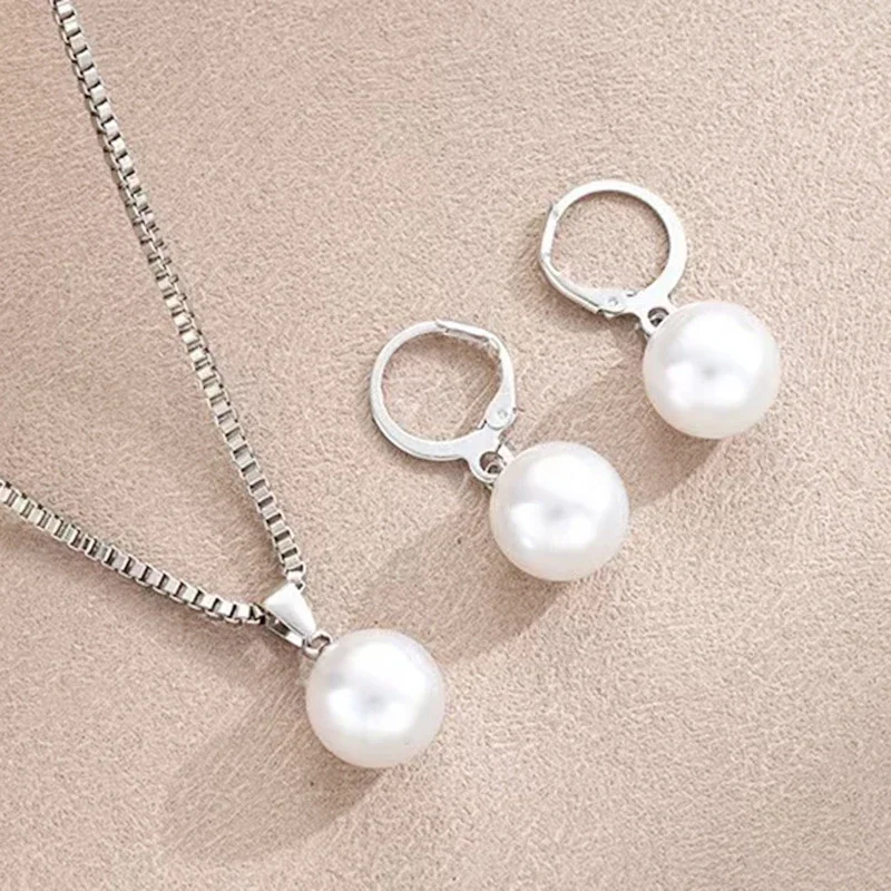 'Conjunto de 2 piezas de joyería de perlas redondas, pendientes, colgantes, collares, conjunto de joyería de boda exquisito y moderno para mujer, regalos'