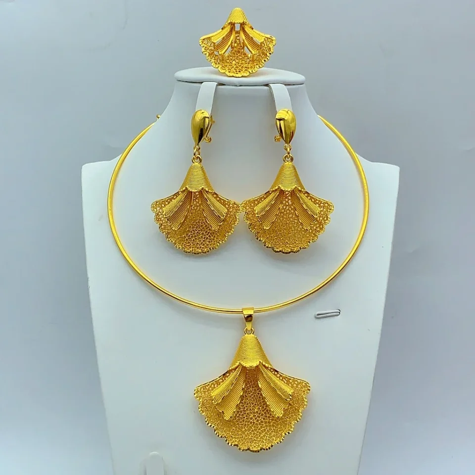 Conjuntos de Joyería Chapados en Oro de 24k de Dubái para Mujer, Conjunto de Collar y Pendientes en Forma de Abanico para Novias Etíopes e Indias, Regalo para Fiesta de Bodas