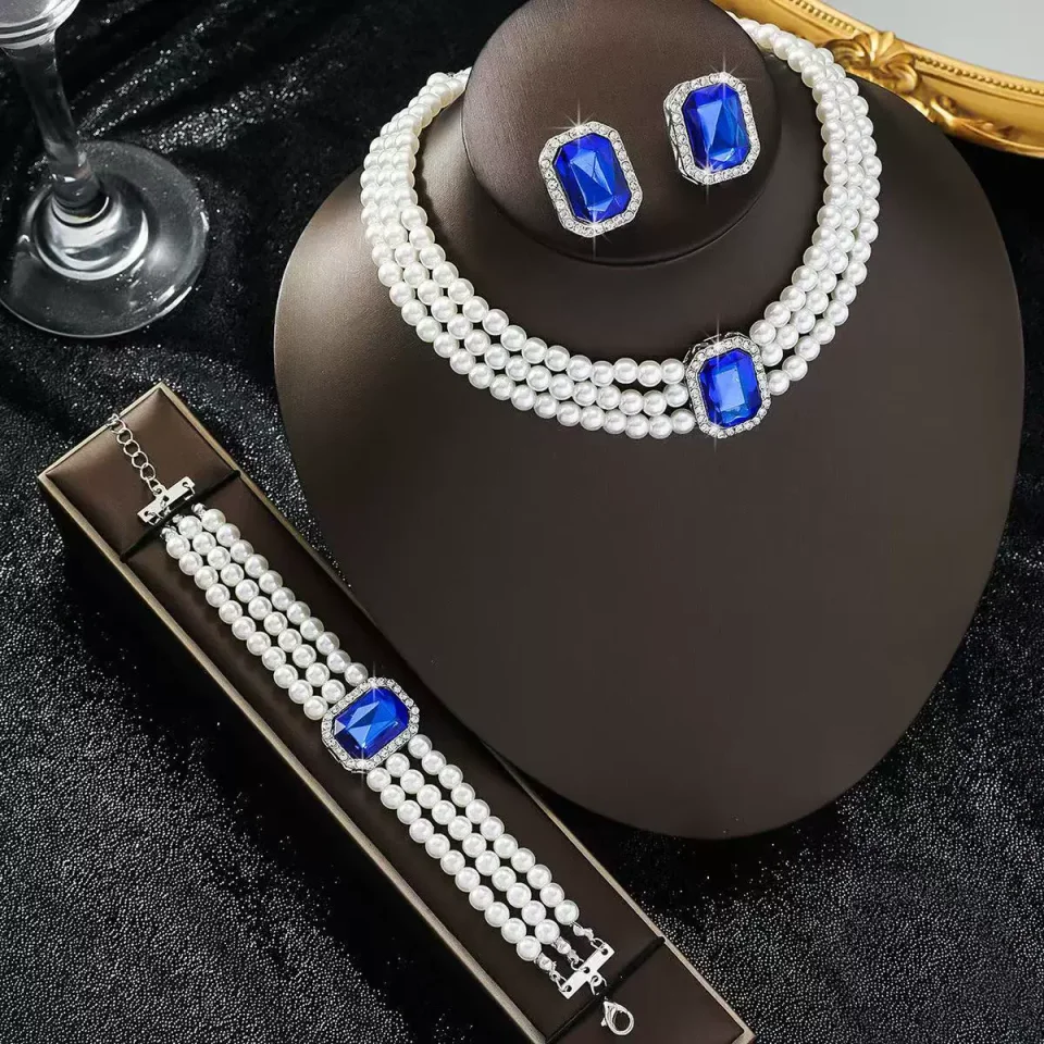 Conjunto de joyería de perlas blancas para mujer, cristales nupciales, collar, pulsera, pendientes, conjuntos de joyería para fiesta y boda