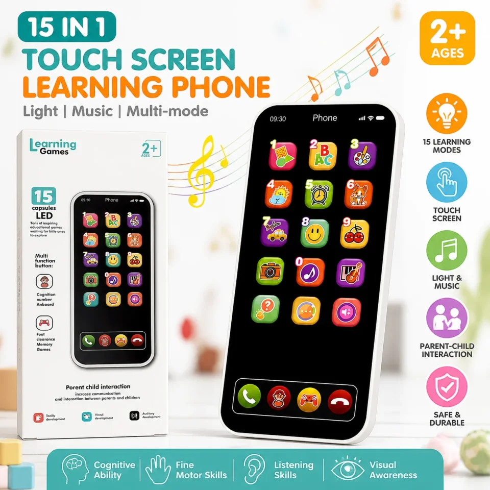 Juguete interactivo de aprendizaje temprano, teléfono móvil con música, pantalla táctil, múltiples modos en inglés, teléfono inteligente simulado para niños pequeños