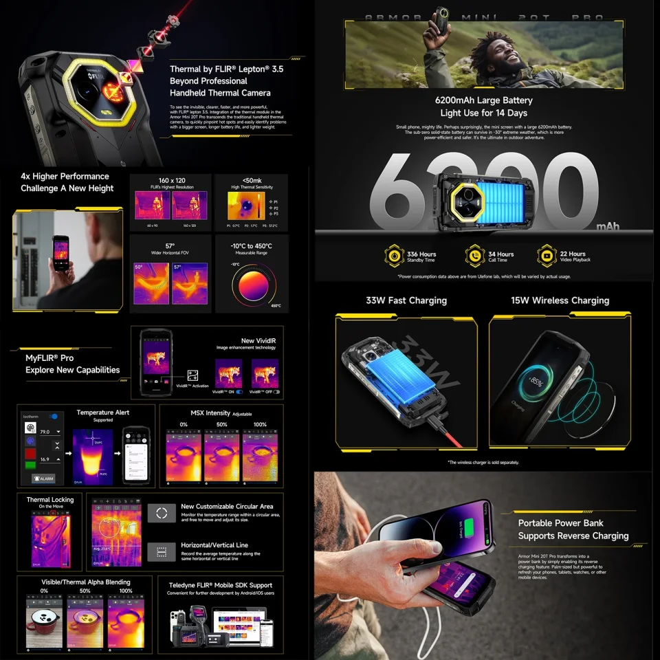 Ulefone Armor Mini 20T Pro teléfono resistente 8GB + 256GB 4,7 "pantalla 6200mAh MediaTek Dimensity 6300 Android 14 33W 5G Smartphone