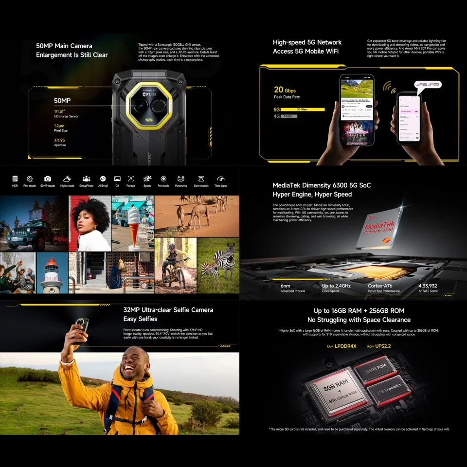Ulefone Armor Mini 20T Pro teléfono resistente 8GB + 256GB 4,7 "pantalla 6200mAh MediaTek Dimensity 6300 Android 14 33W 5G Smartphone