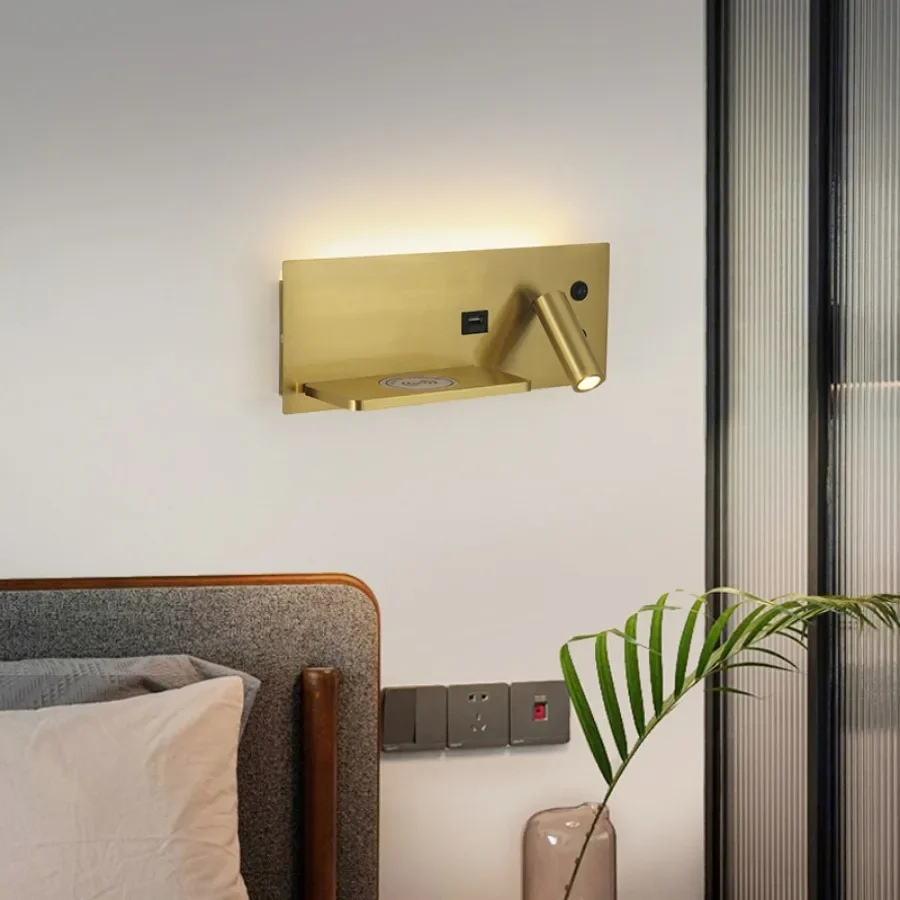 Lámpara de pared LED moderna multifuncional con interfaz USB de carga inalámbrica, luz nocturna para dormitorio, iluminación decorativa para interiores