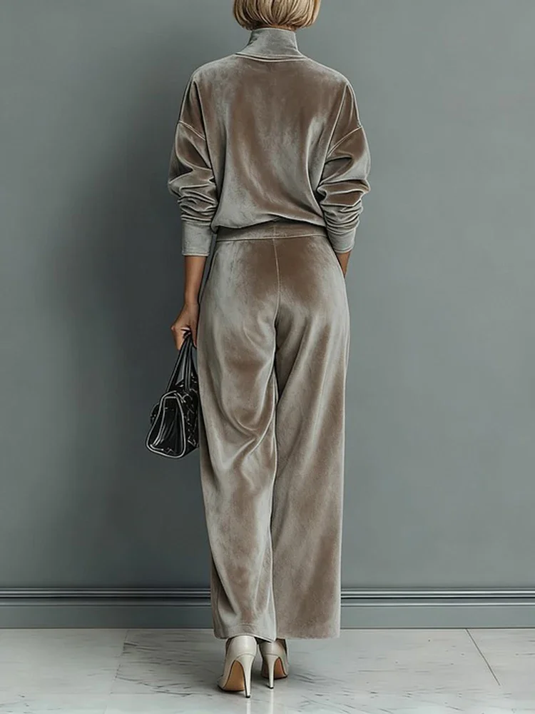 Conjuntos de pantalones con bolsillo para otoño e invierno, trajes de terciopelo dorado de estilo deportivo informal a la moda, trajes de viaje holgados de Color sólido elegantes para mujer