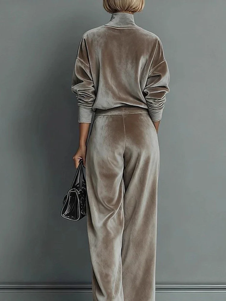 Conjuntos de pantalones con bolsillo para otoño e invierno, trajes de terciopelo dorado de estilo deportivo informal a la moda, trajes de viaje holgados de Color sólido elegantes para mujer