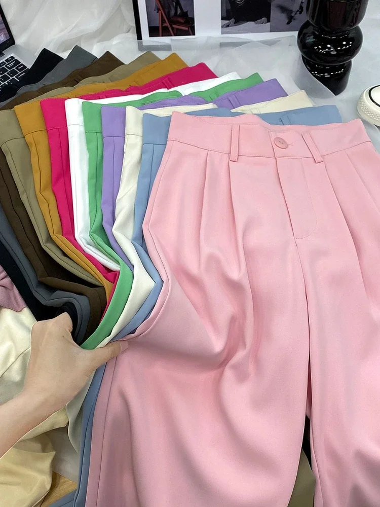 Pantalones rosas para mujer, pantalón de pierna ancha de cintura alta, traje drapeado de pierna recta, informal, suelto, primavera y verano
