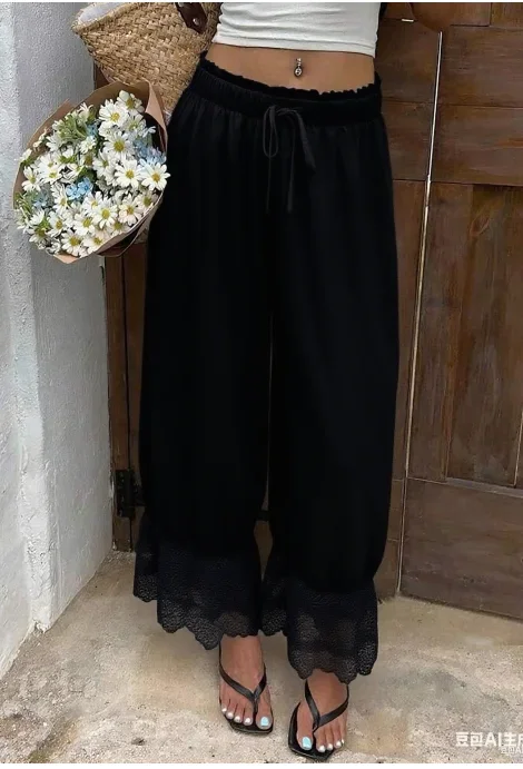 Pantalones de pierna ancha para mujer Pantalones de verano de corte suelto informal con dobladillo de encaje de poliéster blanco Pantalones de pierna ancha