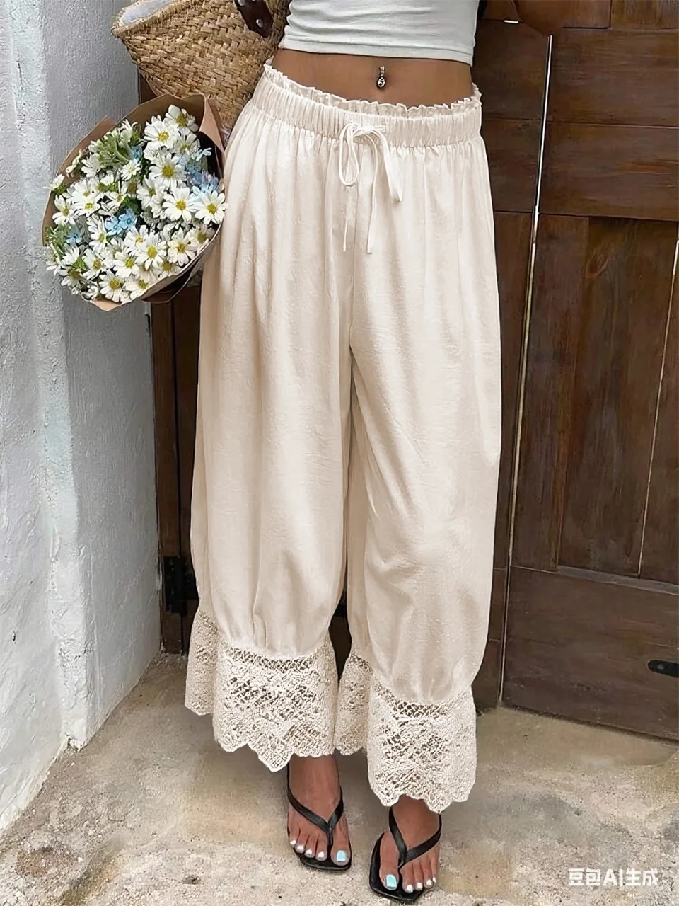 Pantalones de pierna ancha para mujer Pantalones de verano de corte suelto informal con dobladillo de encaje de poliéster blanco Pantalones de pierna ancha