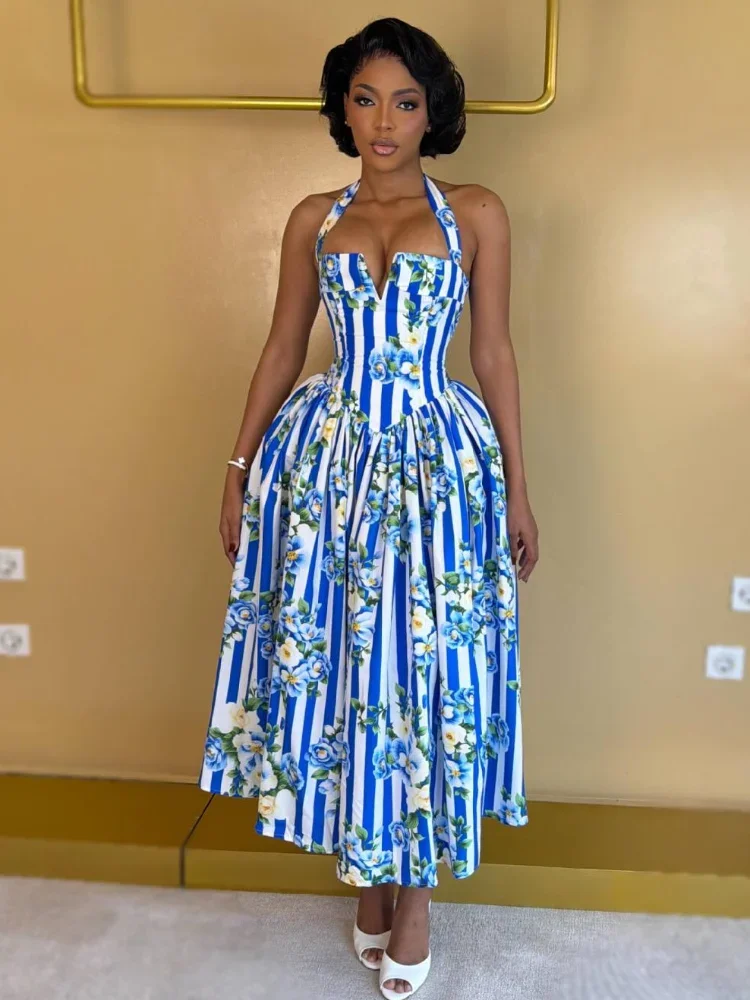 Vestidos Halter con Estampado Floral para Mujer, Elegantes, sin Mangas, con Espalda Descubierta, Vestido Largo Femenino, Verano 2026, Nuevos Vestidos de Calle para Dama