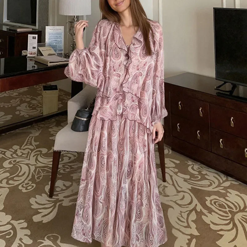 Vestidos estampados a la moda para mujer, vestido de noche de manga larga con cuello en V, ropa de calle elegante para primavera y verano, vestidos elegantes de gasa para mujer