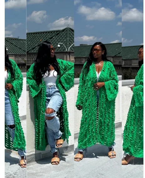 Blogger de moda 2025 nuevo Color hueco Denim verano cárdigans sueltos Casual señora africana traje de baño cubrir abrigo largo para vacaciones