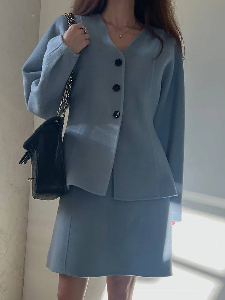 Moda Otoño Invierno conjuntos de dos piezas chaqueta de un solo pecho con cuello en V traje para mujer elegante ropa femenina cálida y gruesa