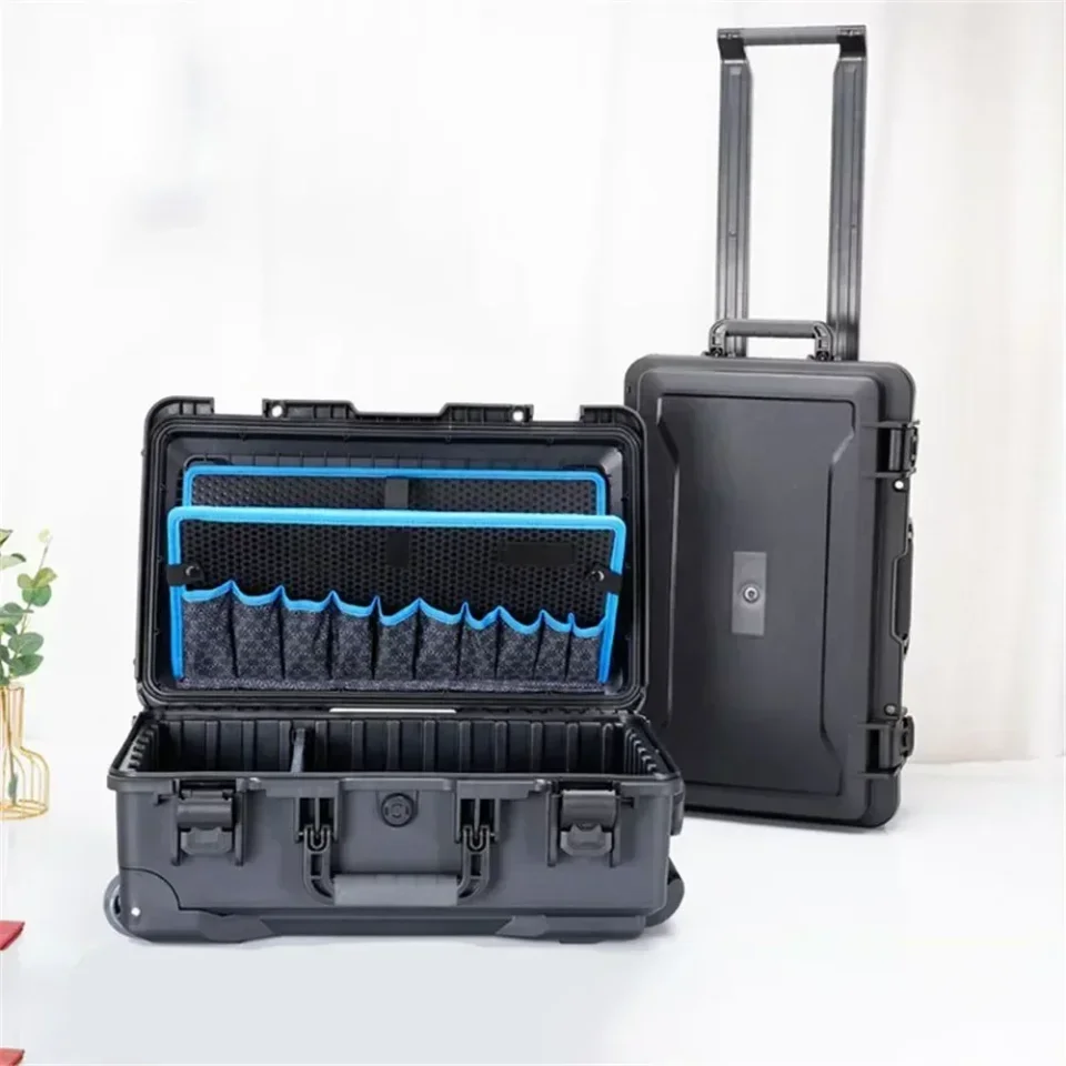 Caja de herramientas para exteriores, estuche rígido con carrito, tableros de bolsillo, rueda, herramientas de electricista, organizadores de pecho, taladro eléctrico, almacenamiento de garaje