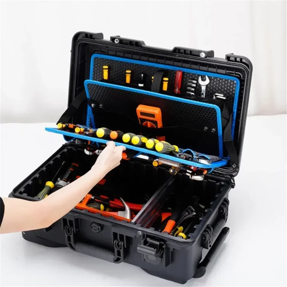 Caja de herramientas para exteriores, estuche rígido con carrito, tableros de bolsillo, rueda, herramientas de electricista, organizadores de pecho, taladro eléctrico, almacenamiento de garaje