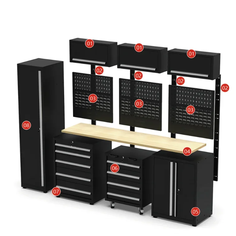 Gabinete de herramientas con encimera integrada de acero inoxidable y ganchos laterales, equipado con revestimiento antioxidante