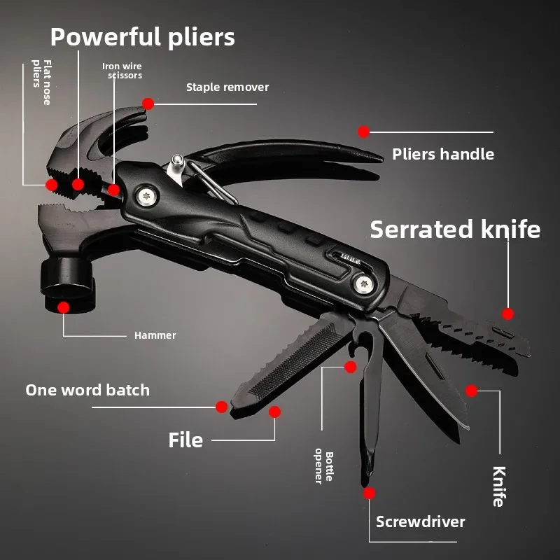Martillo multiherramienta, multiherramienta de acero inoxidable 12 en 1, juego de multiherramientas plegable de alta resistencia con herramientas de corte