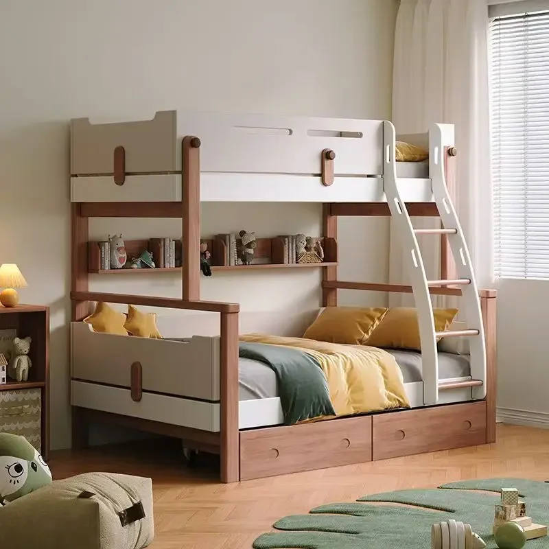 Cama litera de madera maciza con escaleras y cajones de almacenamiento, barandilla de seguridad, cama litera para niños y adolescentes, muebles para dormitorio de niños y niñas