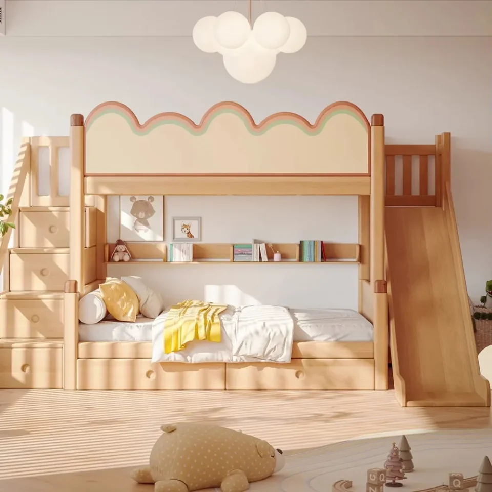 Cama litera moderna de madera maciza gris para niños, cama doble, oferta especial, muebles para dormitorio infantil