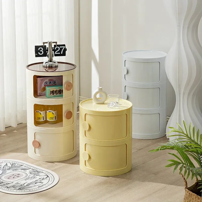Mesita de noche nórdica redonda para el hogar, armario de almacenamiento creativo Simple para dormitorio, gabinetes pequeños Ins de dibujos animados de plástico para celebridades de Internet