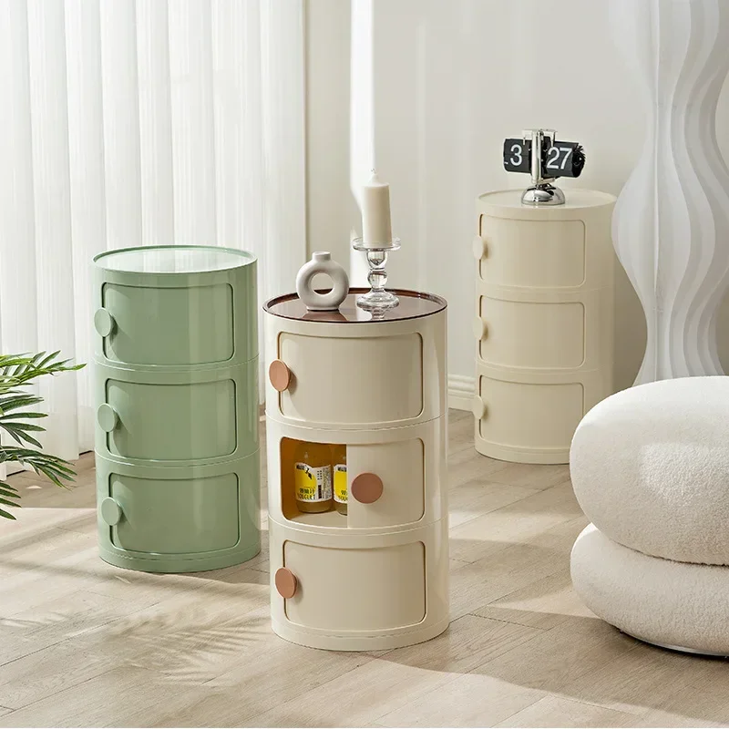 Mesita de noche nórdica redonda para el hogar, armario de almacenamiento creativo Simple para dormitorio, gabinetes pequeños Ins de dibujos animados de plástico para celebridades de Internet