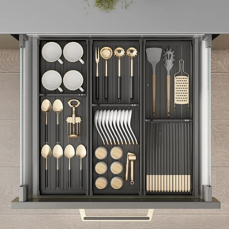 Organizador de cajones de utensilios de cocina, bandeja de cubiertos expandible, almacenamiento de cajones retráctil debajo del gabinete, estante de secado de platos