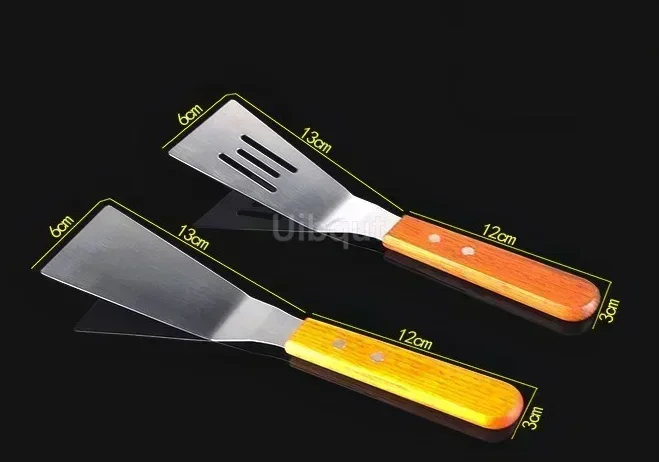 Espátula de pala para freír carne de acero inoxidable, cortador de agarre de cáscara de Pizza, herramientas de pastelería para barbacoa, mango de goma de madera, Turner de cocina