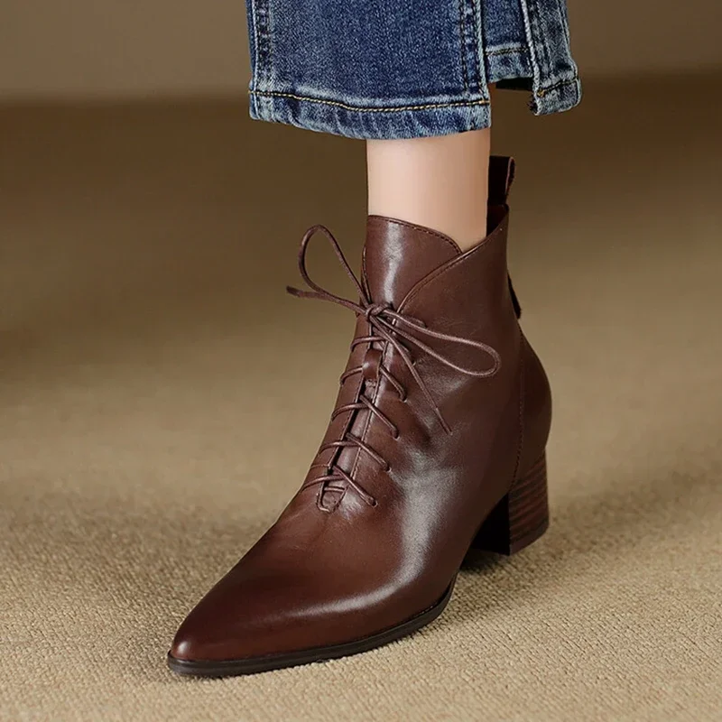 Nuevas botas de otoño para mujer, botas de tacón grueso con punta estrecha, zapatos de cuero genuino para mujer, botines con cordones, ugelliзаки жletiе оь