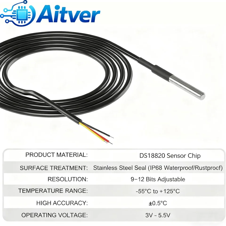 DS18B20 Sonda con sensor de temperatura a prueba de agua 1M 2M 3M 5M 10M Cable de 3 cables Termómetro digital para Arduino ESP32 Raspberry Pi