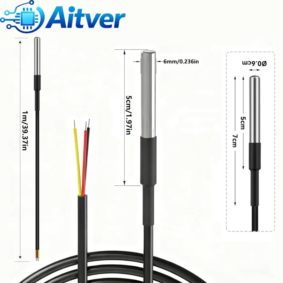 DS18B20 Sonda con sensor de temperatura a prueba de agua 1M 2M 3M 5M 10M Cable de 3 cables Termómetro digital para Arduino ESP32 Raspberry Pi