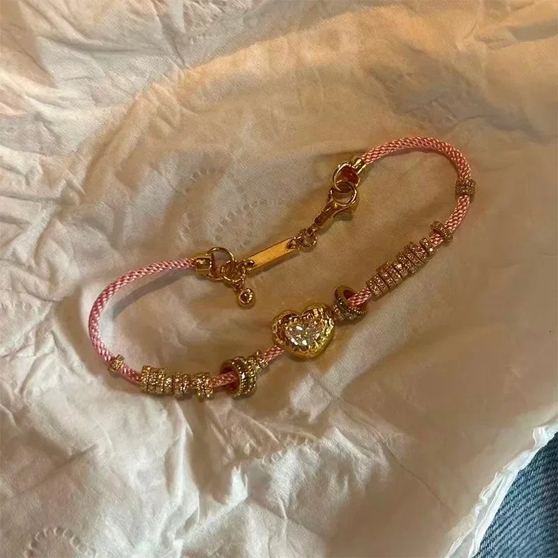 Pulseras de estilo dulce y lujoso para mujer, cuerda trenzada rosa de alta gama con diamantes, pulsera en forma de corazón, regalo de joyería