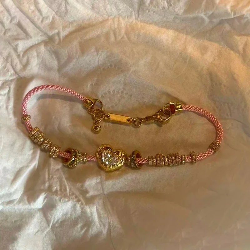 Pulseras de estilo dulce y lujoso para mujer, cuerda trenzada rosa de alta gama con diamantes, pulsera en forma de corazón, regalo de joyería