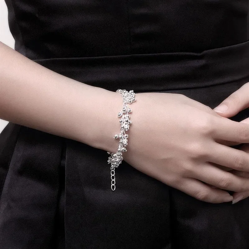 Pulseras de Plata de Ley 925 con Dijes y Cadena de Cuentas, Elegantes y Bonitas para Mujer, Pulsera de Uvas, Joyería para Boda