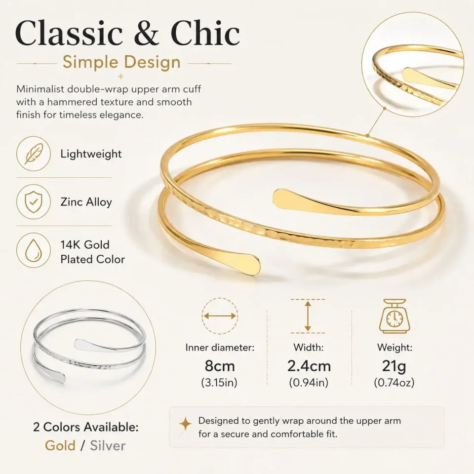 Brazalete para la parte superior del brazo para mujer, brazalete minimalista chapado en oro, brazaletes de fiesta llamativos, joyería