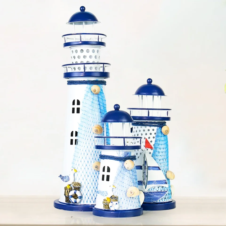 Estatuilla de faro del océano mediterráneo, linterna, torre, baliza, portavelas en miniatura, decoración Náutica para el hogar, regalo artesanal de boda