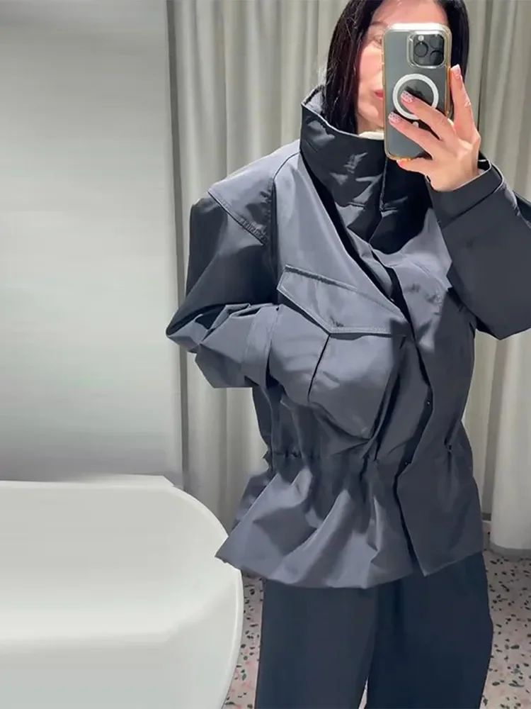 Chaqueta de mujer con cordón en la cintura, abrigos cortos casuales, abrigos oversize de manga larga con bolsillos utilitarios, gabardina estilo streetwear, ropa de abrigo de primavera