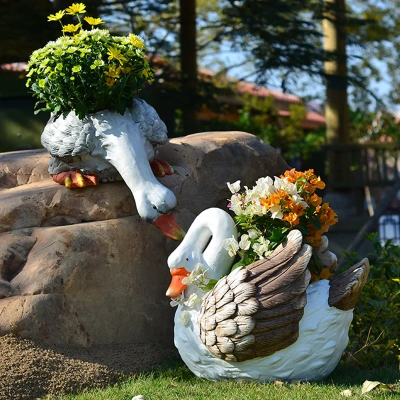 Estatua de fuente de ganso para jardín, maceta de animales para exteriores, adornos fluidos para Patio, exhibición de bonsái de paisaje de Hotel, macetero rústico