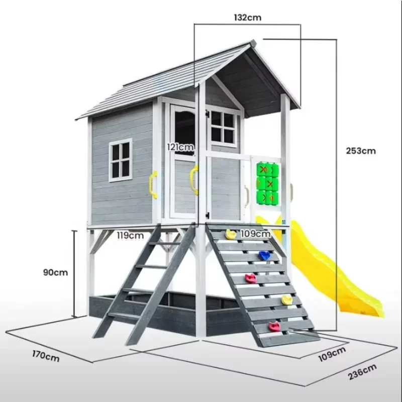 Casita de Juegos de Madera para Niños, para Jardín o Patio Exterior, con Tobogán y Caja de Arena