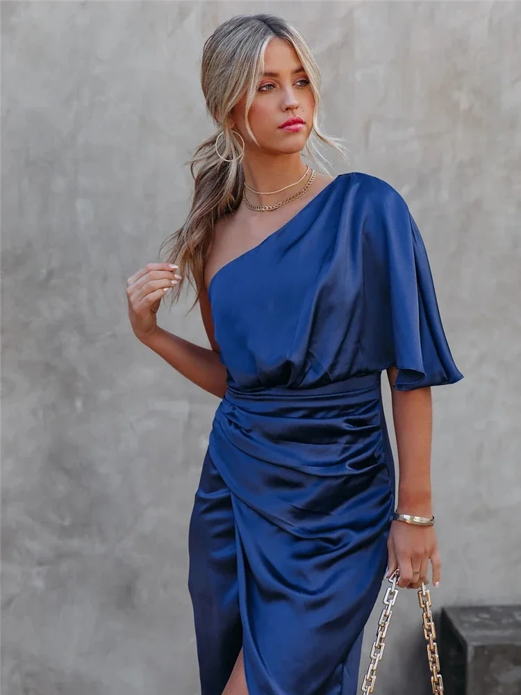 HBLL-vestidos elegantes para mujer, cuello Diagonal, verano, Sexy, satén, manga única, plisado, liso, falda Irregular, vestido de fiesta negro
