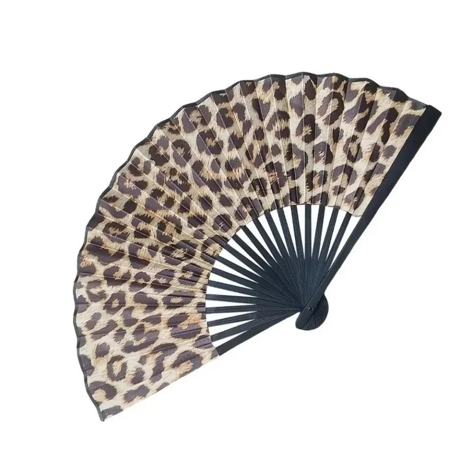 Abanico Plegable Duradero con Estampado de Leopardo y Marco Negro, Elegante Abanico de Danza Clásica, Abanico de Mano Grande y Ligero, Regalos para Mujeres