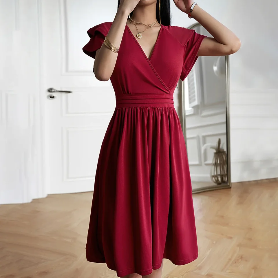 Elegante Vestido de Noche con Cuello en V y Corte en A, Vestidos Midi Largos Formales para Mujer, Vestidos de Fiesta Fluidos y Ajustados