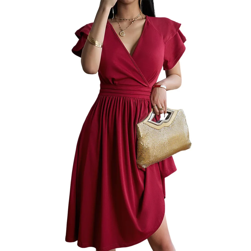 Elegante Vestido de Noche con Cuello en V y Corte en A, Vestidos Midi Largos Formales para Mujer, Vestidos de Fiesta Fluidos y Ajustados