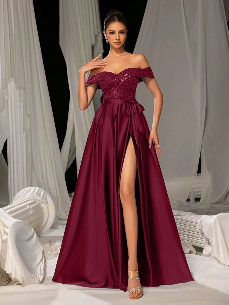 Elegante Vestido de Noche Corte A con Lentejuelas, Hombros Descubiertos, Abertura Frontal y Cordones, Estilo Árabe Saudí, Vestidos de Fiesta Personalizados
