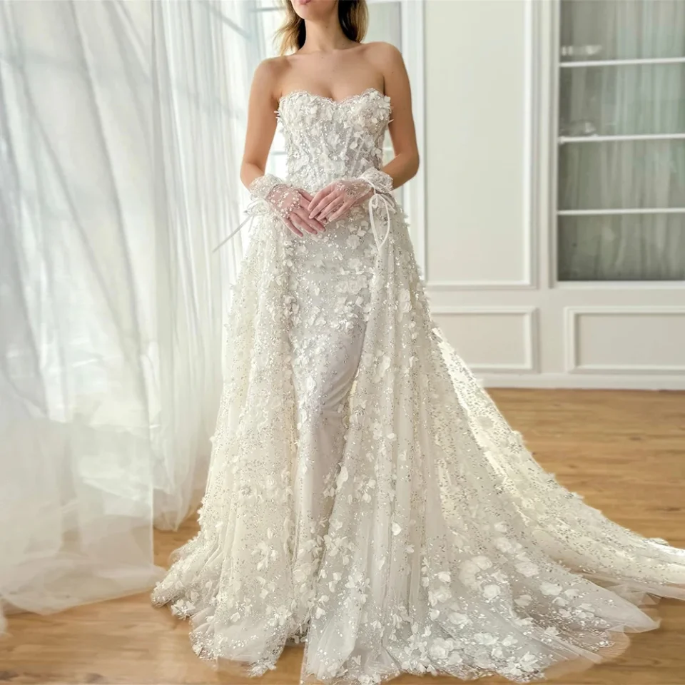 Vestidos elegantes para mujer para fiesta de noche, vestido de fiesta de encaje/columna, vestido largo de cumpleaños desmontable con escote en forma de corazón de marfil