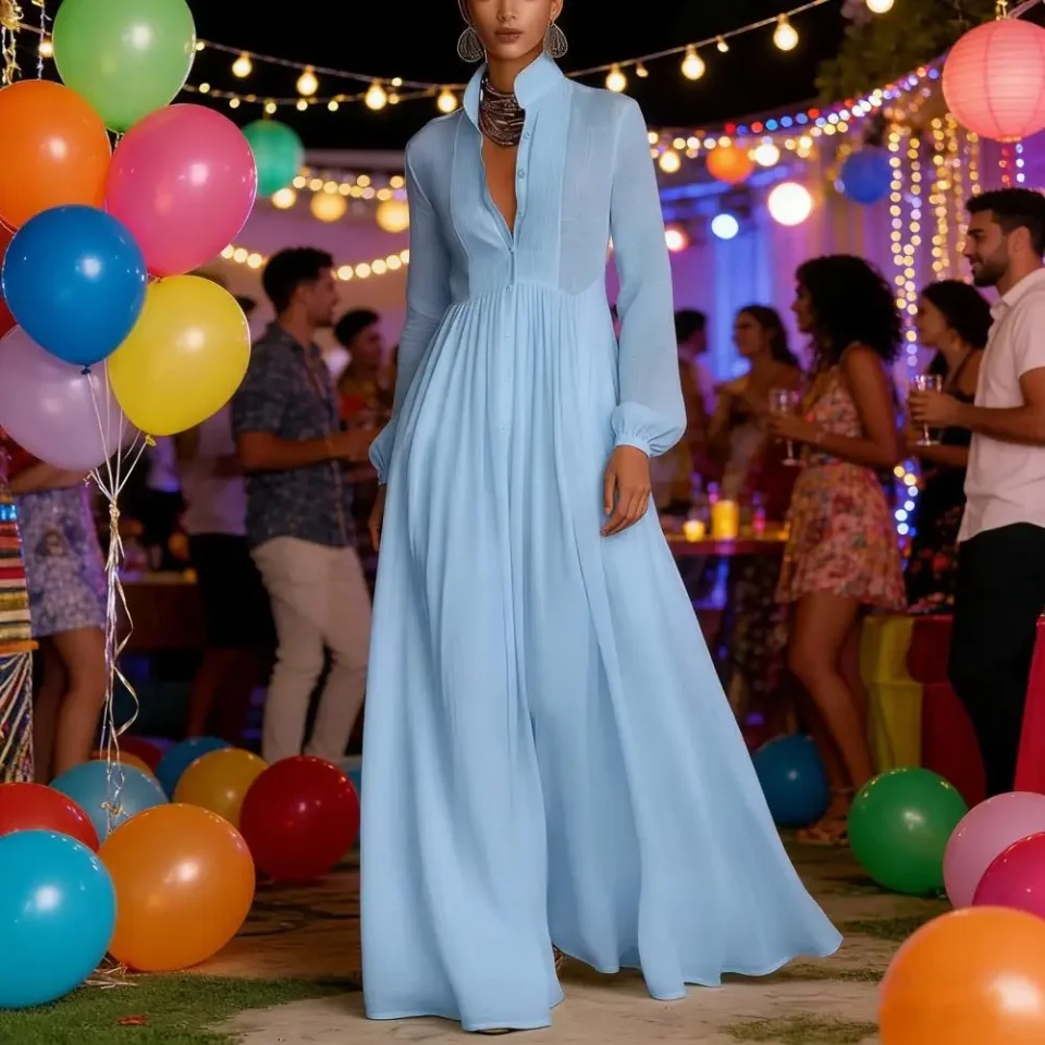 Elegante Vestido Largo de Mujer con Cintura Alta y Pliegues, Estilo Francés, para Primavera y Otoño, con Bolsillos, Manga Larga y Botones, Ideal para la Noche