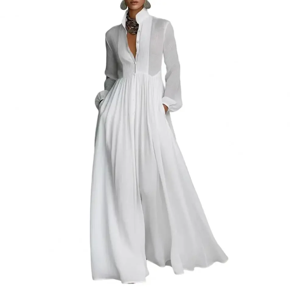 Elegante Vestido Largo de Mujer con Cintura Alta y Pliegues, Estilo Francés, para Primavera y Otoño, con Bolsillos, Manga Larga y Botones, Ideal para la Noche