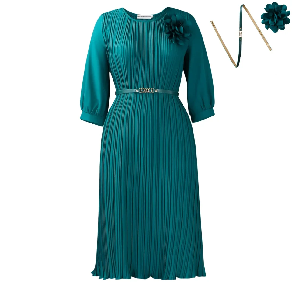 Vestidos Elegantes Plisados para Mujer, Nuevo Estilo 2026, Cuello Redondo, Manga Larga, Decoración Floral, Cinturón, Corte Holgado, Largo a Media Pantorrilla, Vestido de Moda