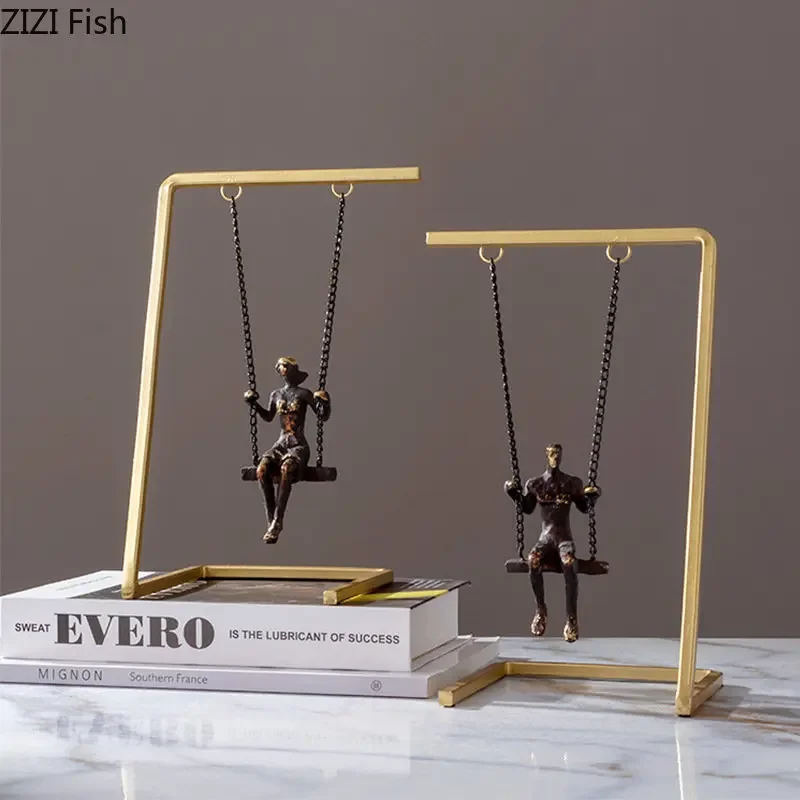 Estatua de artesanía abstracta de personaje oscilante de Metal, figuras de columpio dorado, escultura de Metal, adornos de decoración de escritorio, decoración moderna del hogar