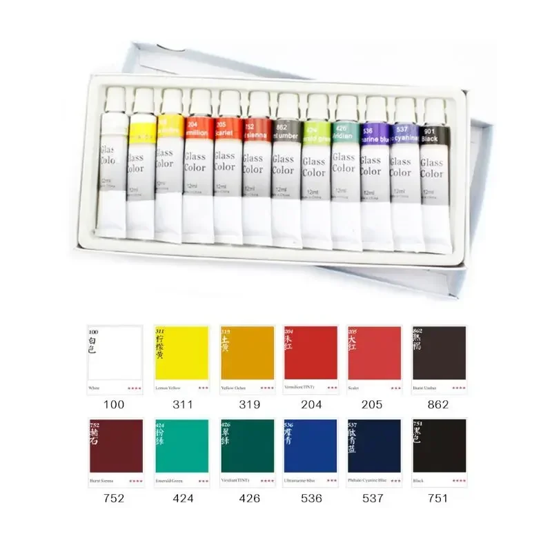 Juego pintura acrílica vidrio profesional, 12 colores, 12ml, tubos pintura pared pintados a mano, pigmentos para