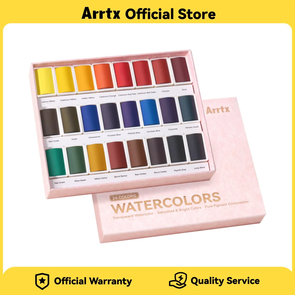 Juego de pinturas de acuarela Arrtx, 24 estuches completos con colores vibrantes, no tóxicos, resistentes a la luz, para dibujar, ilustrar y usar en viajes