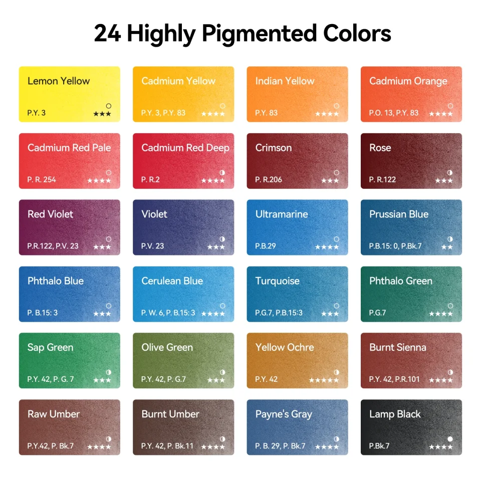 Juego de pinturas de acuarela Arrtx, 24 estuches completos con colores vibrantes, no tóxicos, resistentes a la luz, para dibujar, ilustrar y usar en viajes